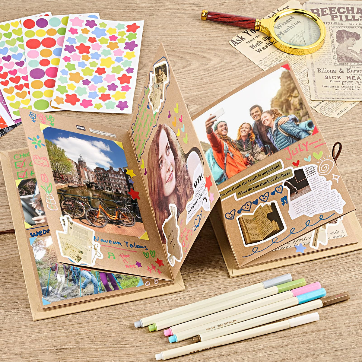 Mauproy 6 x 8 Inch Small Scrapbook Album with Brown Pages, Stretchable Folding Photo Album with DIY Accessories Kit, Hardcover Memory Book Accordion Adventure Scrapbook