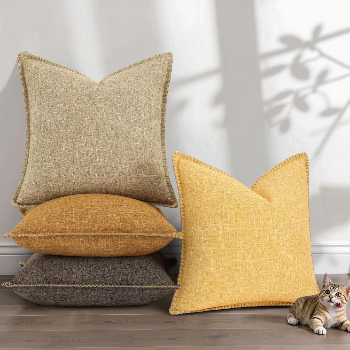 decorUhome Summer Decorative Throw Pillow Covers 22x22 Set of 2 Square Faux Linen Outdoor Neutral Farmhouse Euro Sham Pillow Covers with Stitched Edge for Couch Sofa Living Room, Bronze Gold