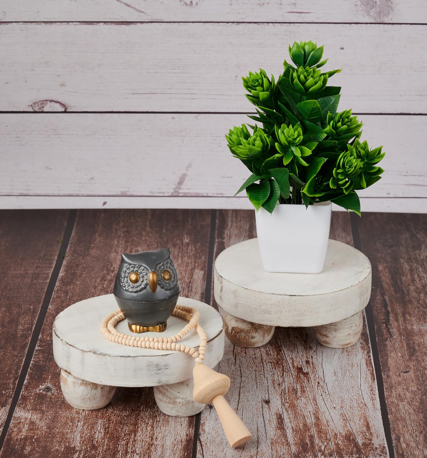 Eximious India Housewarming Gifts Set of 2 Wood Display Stand Home Decor Display Risers Round Pedestal Bathroom Accessory Holder Plant Holder Table Top Kitchen Multi Purpose Organiser Set