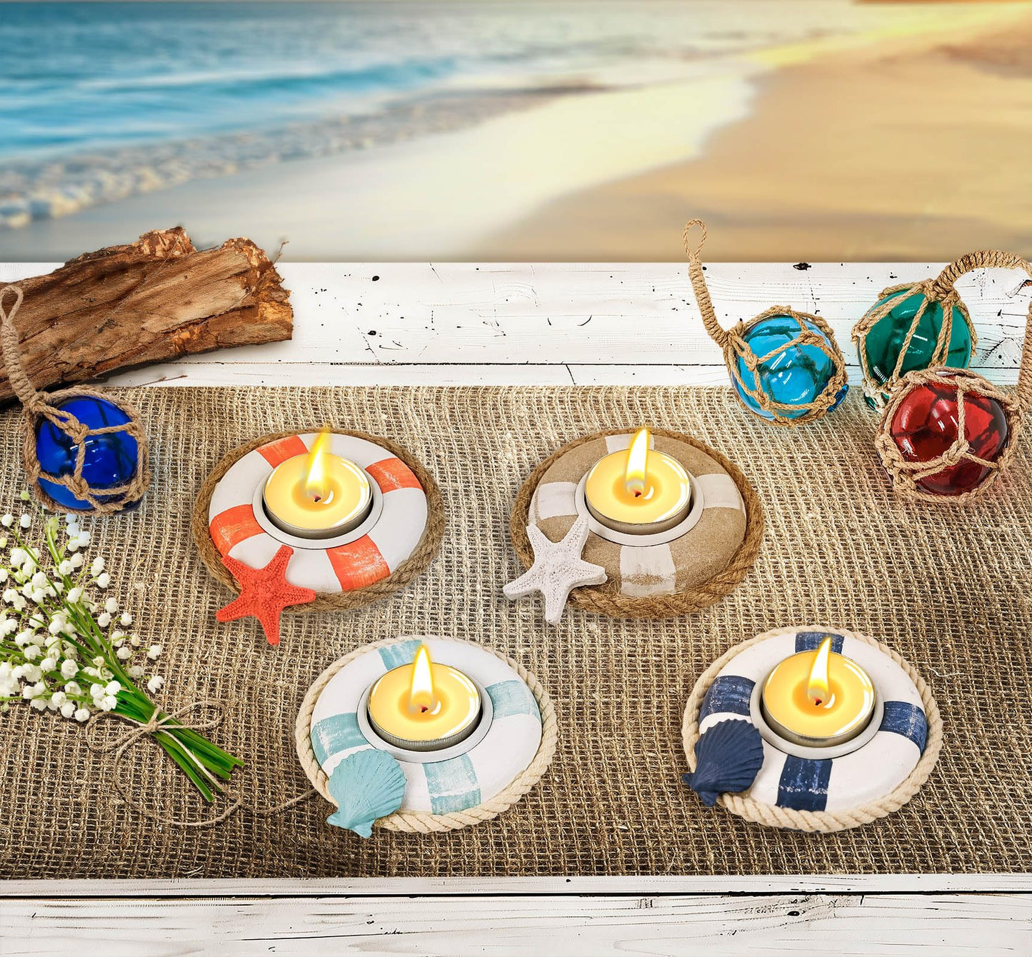 SAILINGSTORY Wooden Life Ring Tealight Candle Holder Nautical Coastal Beach Decor Votive Candle Holder Set of 4 Pack