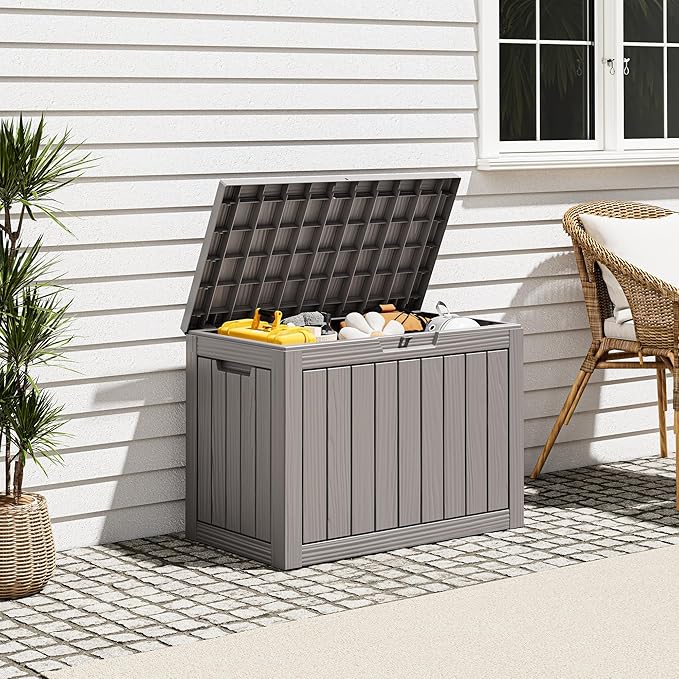 Outdoor Storage Box, Resin Deck Boxes Indoor and outdoor, Waterproof Storage Box Lockable Lid (Grey, 45 Gallon)