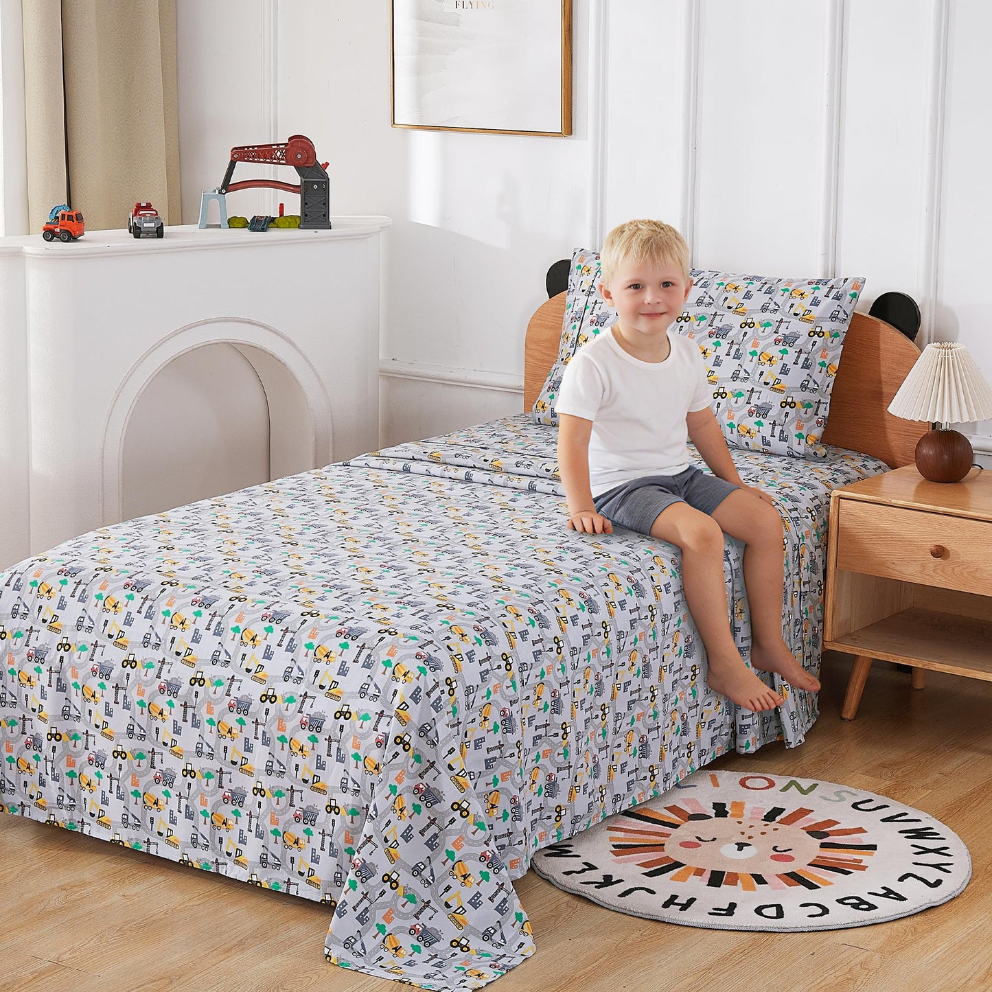 Softan Kids Bed Sheet Set, 3-Piece Twin Sheets Set, Microfiber Fitted Sheet with 15 Inches Deep Pocket and Corner Straps, Breathable & Silky Soft Excavator Pattern Sheet and Pillowcase Sets