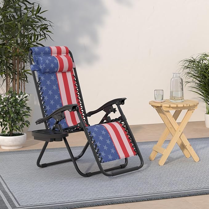 Best Choice Products Set of 2 Adjustable Steel Mesh Zero Gravity Lounge Chair Recliners w/Pillows and Cup Holder Trays - American Flag
