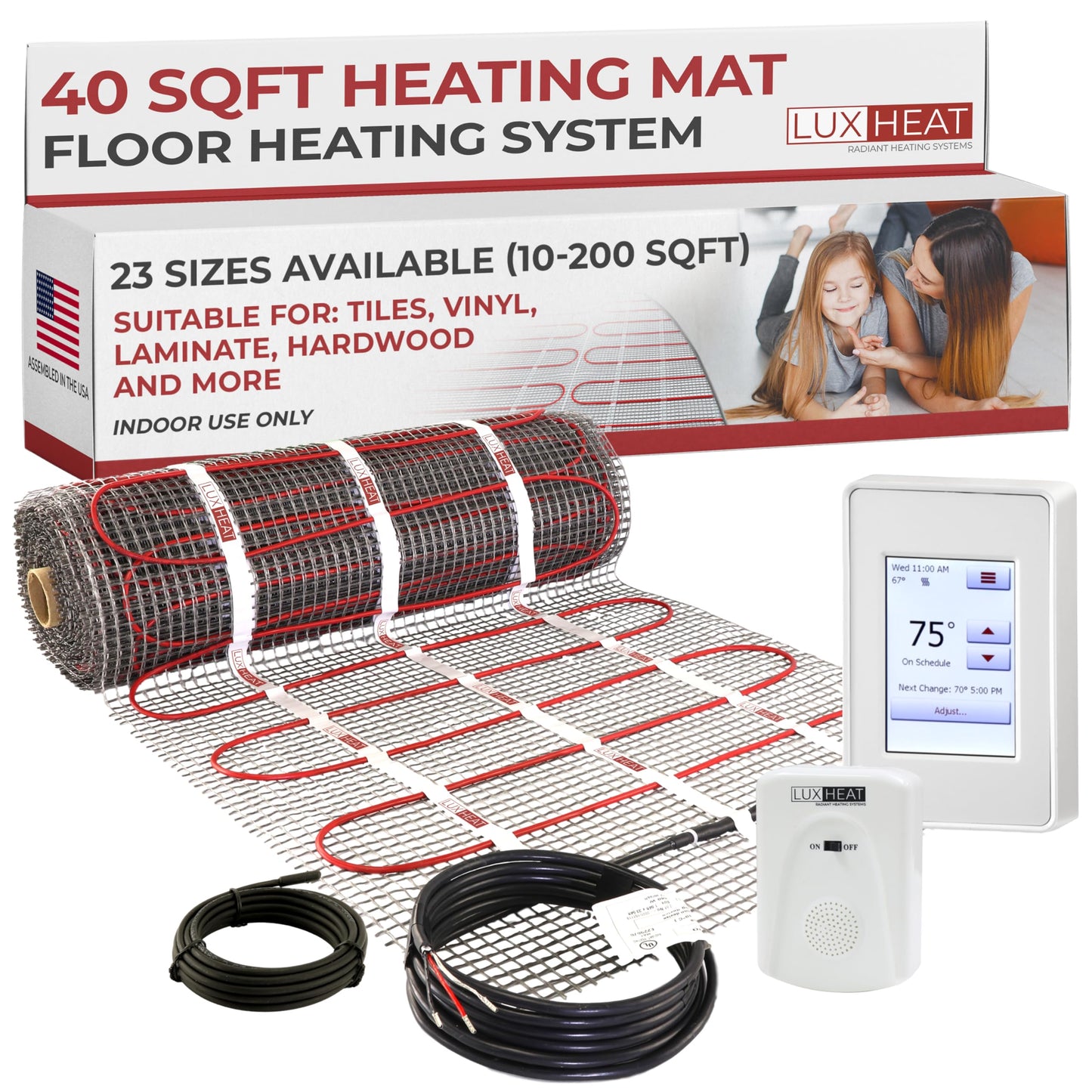 LuxHeat 40sqft Floor Heating Mat Kit - 120v Under Floor Heating System - Complete Electric Radiant Heated Flooring System Includes Alarm, UDG4 Programmable Thermostat w/GFCI & Flooring Sensor