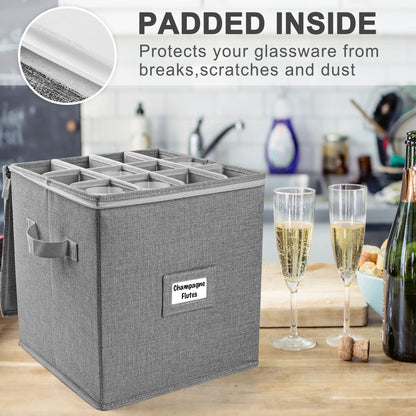 LotFancy Champagne Flute Storage Container, Hard Shell, Stackable, 12" Tall Wine Glass Storage Box with Dividers & Handles, Stemware, Crystal Glassware, Drinkware Case for Moving, Grey