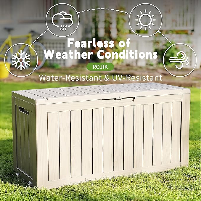ROJIK Outdoor Storage Housing Deck Box - Waterproof Patio Furniture, Garden Tools, Cushions, Pool Accessories Storage Bench with Lockable Lid and Side Handles (Grey 90 Gal)