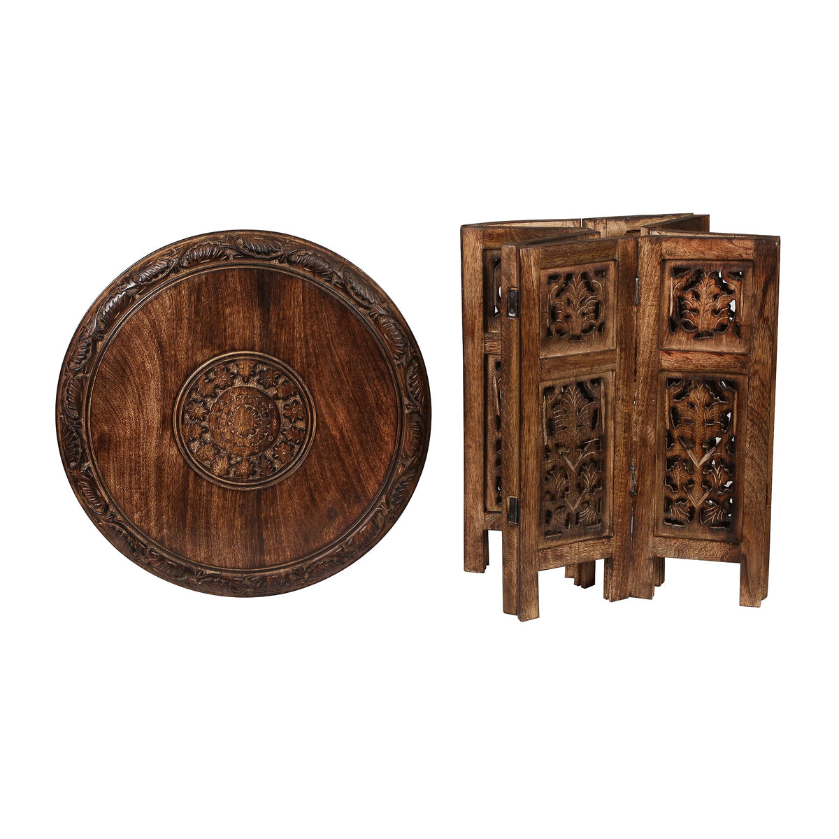 Lightnpro Handcrafted Wooden Round Accent Table - Vintage Farmhouse Octagonal Side End Table with Intricate Carvings for Living Room, Bedroom, Entryway - 18x18 Inch - Burnt