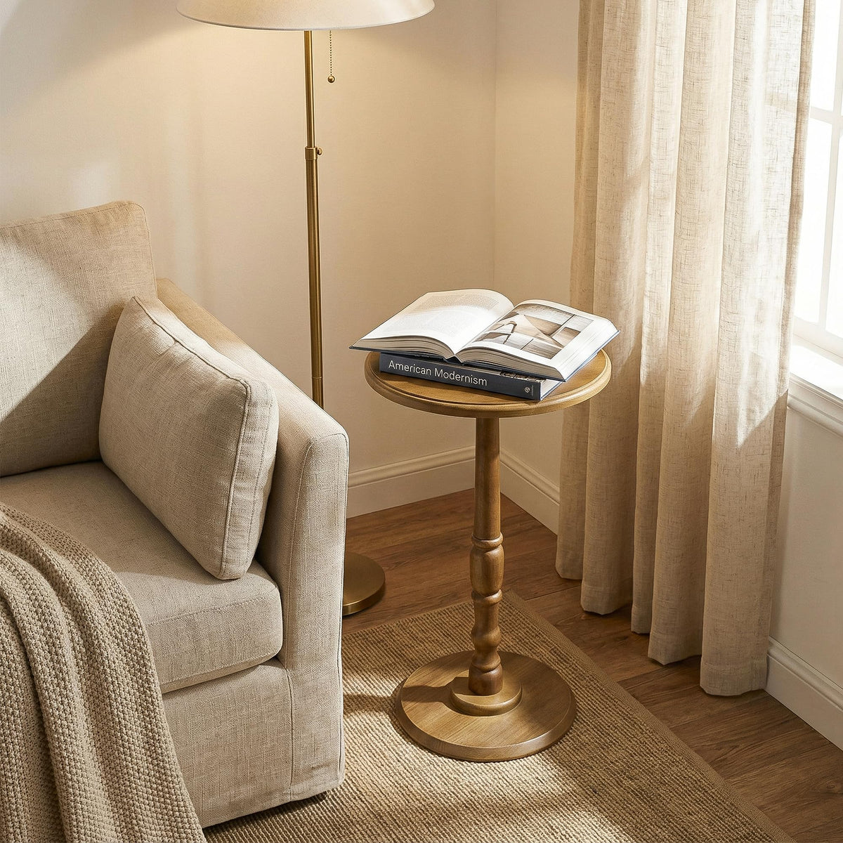 Small Side Table Living Room, Brown Round Corner Table for Small Spaces Set of 2, Coffee Table with Solid Wood Pedestal Accent for Living Room, Corners, Bedroom, Bean Bag, Sofa Couch