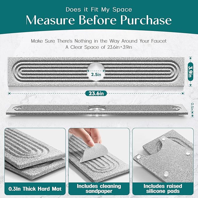 Stone Kitchen Sink Faucet Mat, Premium Upgraded Diatomite Drying Stone Mat &
