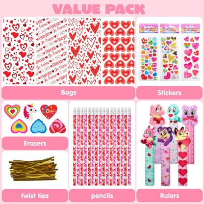 JOYIN 24packs Valentines Day Stationery Gifts, 96pcs Party Favor with Pencil, Erasers, Notebook & Bags for Kids School Classroom Exchange Supplies