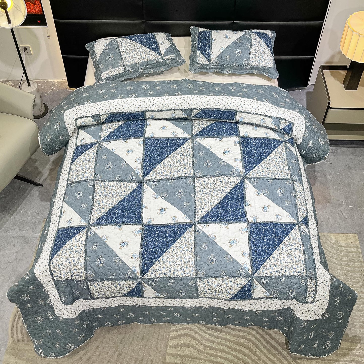 Full Queen Size Patchwork Quilt Set Grey Floral Reversible Quilted Bedspread Coverlet Set 3-Piece Lightweight Comforter Stitched Quilt Bedding Set Bed Sheet Set Cover Blanket with 2 Pillow Shams