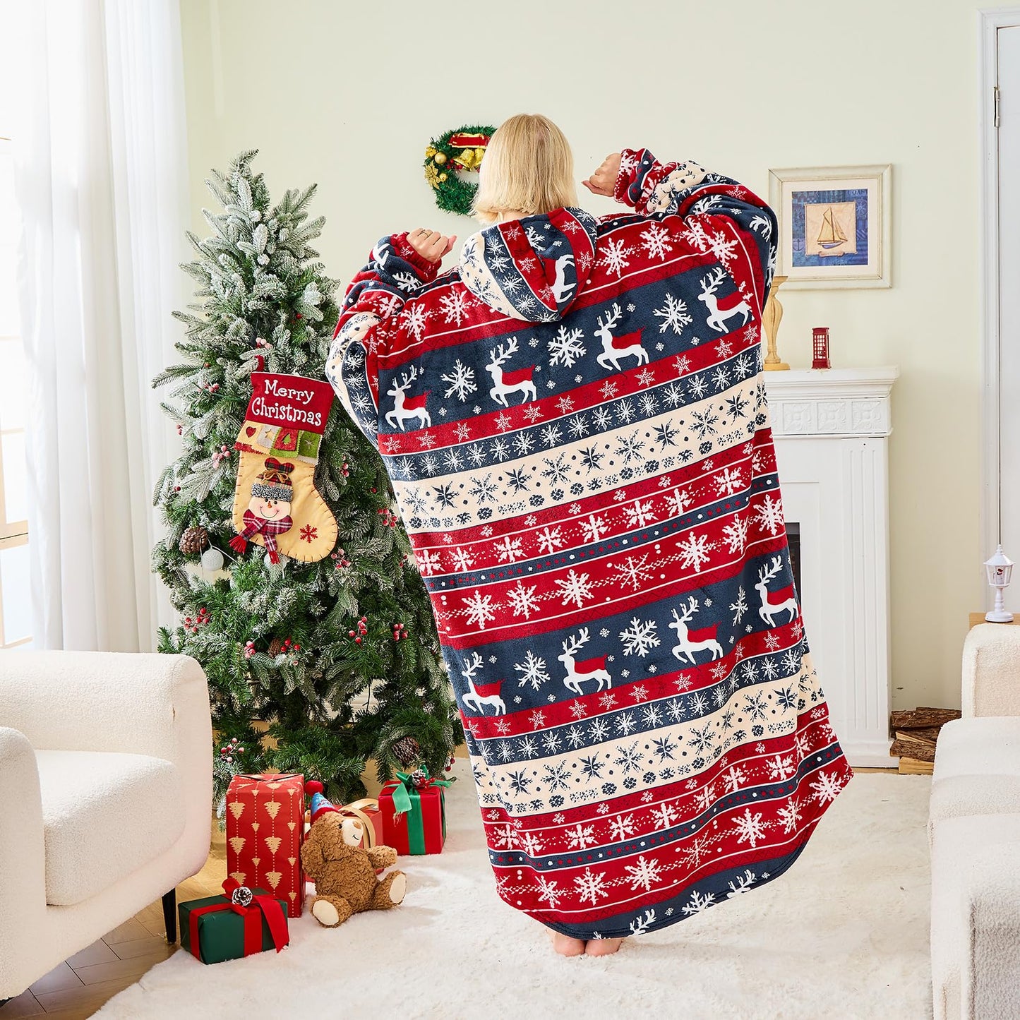 Moinlizy Wearable Blanket Hoodie, Long Thick Hooded Blanket Oversized for Adults Women Men with Pocket and Sleeves, Christmas Red Xmas Deer