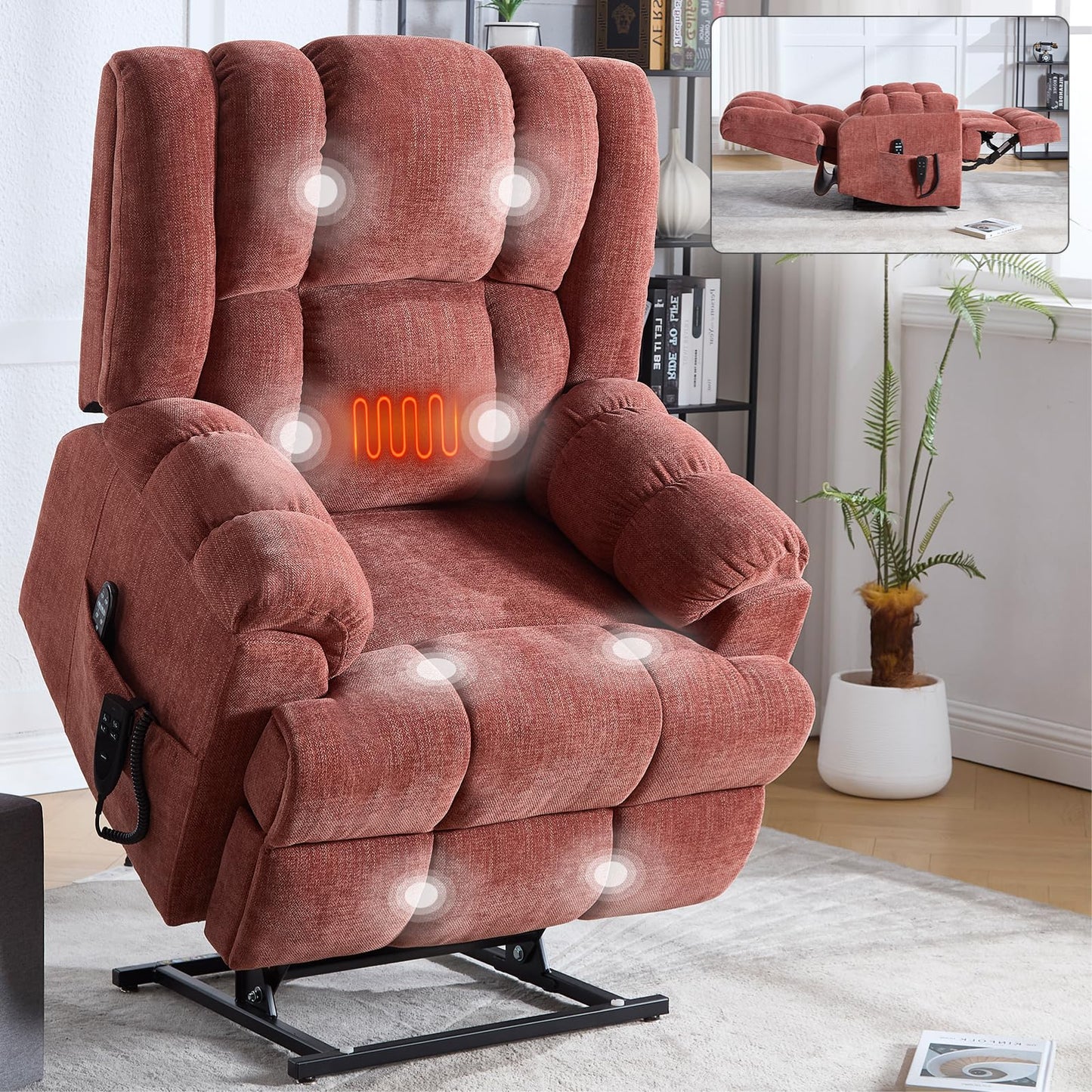 GDFStudio Dual Motor Power Lift Recliner Chair with Massage and Lumbar Heat, Heavy Duty Electric Reclining Chair with Remote Control, Supports Up to 350 LBS, Red