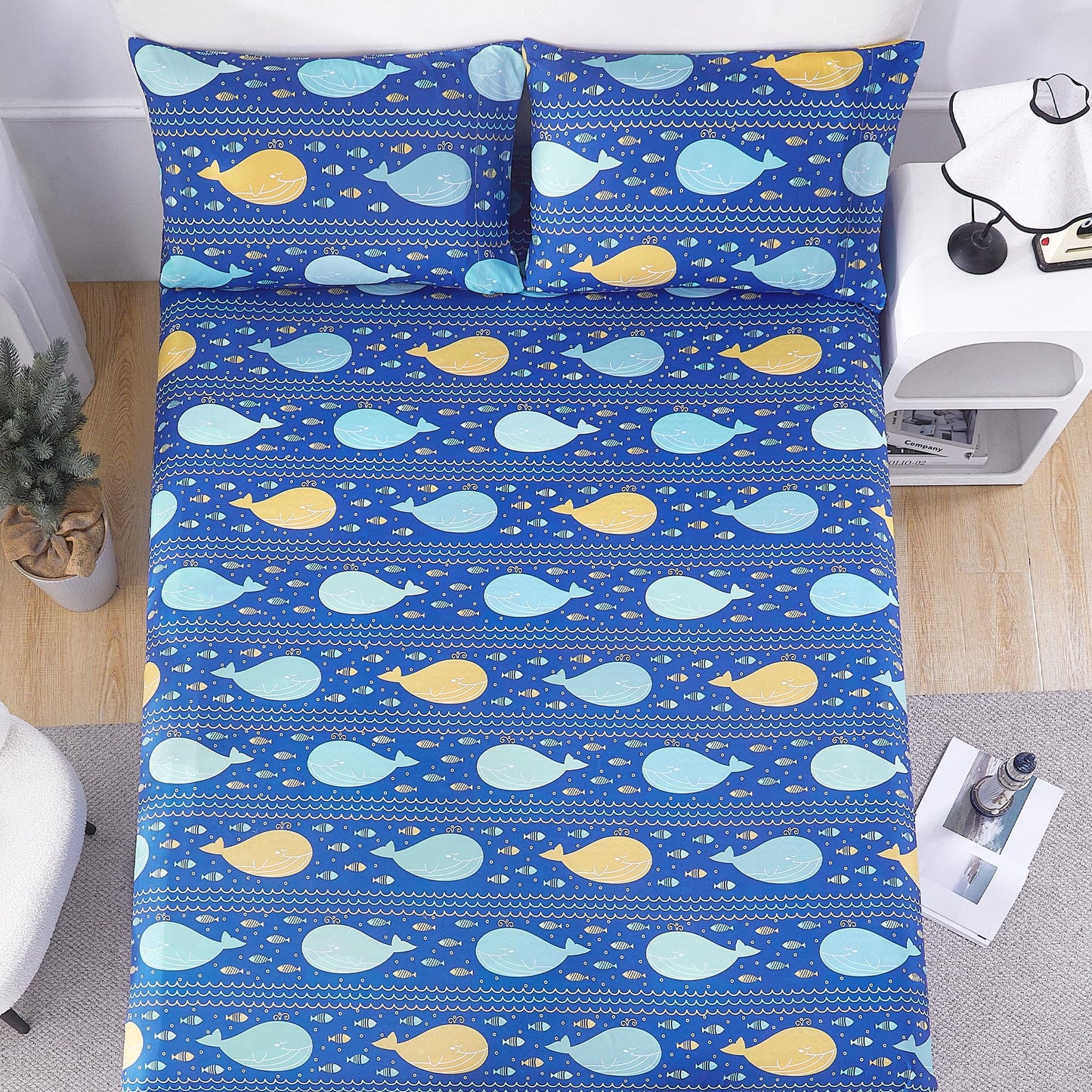 CozySmile Twin Sheet Set Kids,3 Pieces Breathable Soft Microfiber Bedsheets for Child Boys Girls, Oeko-TEX, Anti Pilling Deep Pockets Easy Care Bed Sheets, Whale