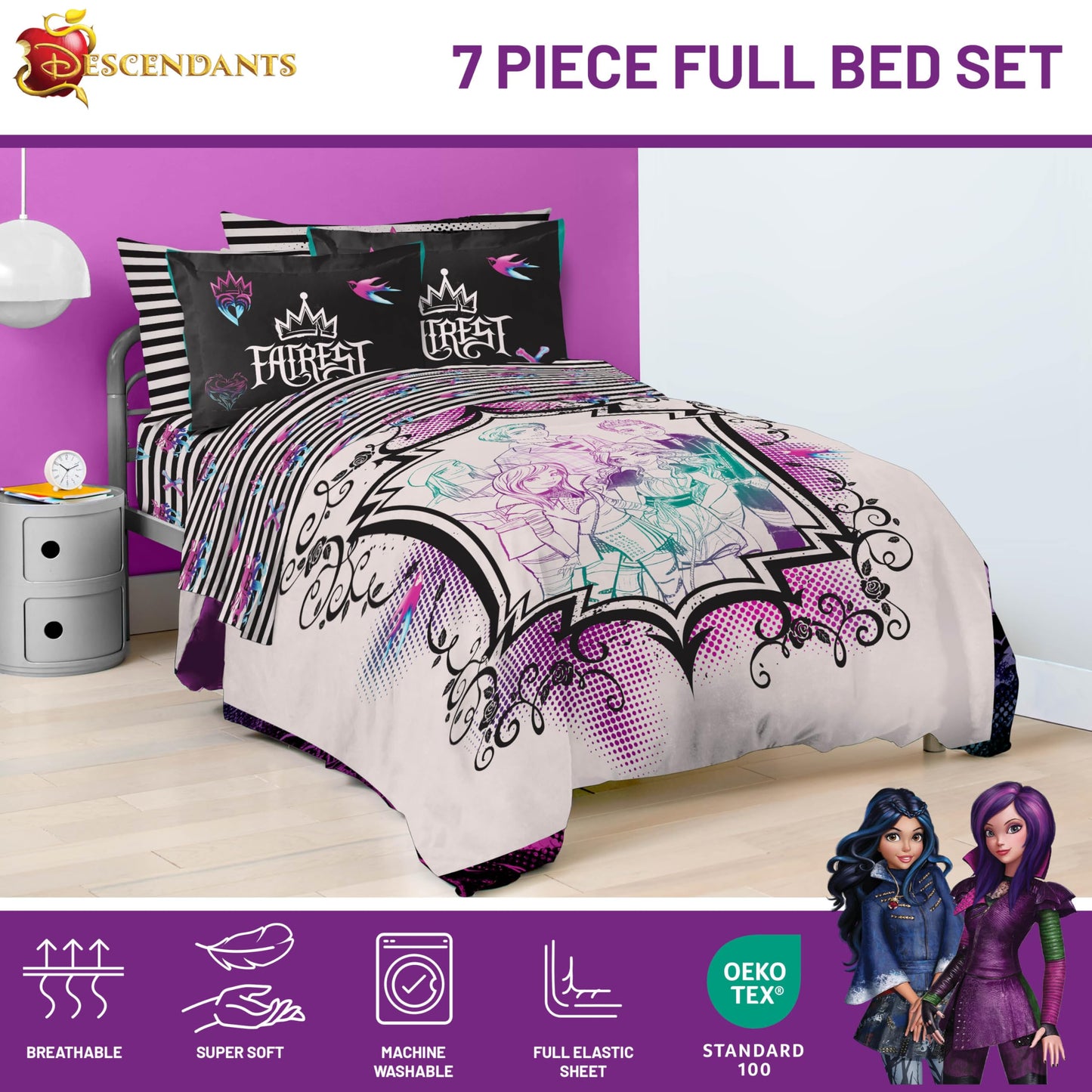 Jay Franco Kids Comforter Set Includes Sheets and Pillow Cover - Soft and Cozy Bed Set for Stylish Room Décor, Multi - Descendants, 7 Piece Full