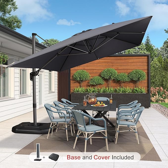 PURPLE LEAF 10'×13' Patio Umbrella with Base Included and Cover Outdoor Umbrella with Cover Extra Large Heavy Duty Cantilever Umbrella Grey