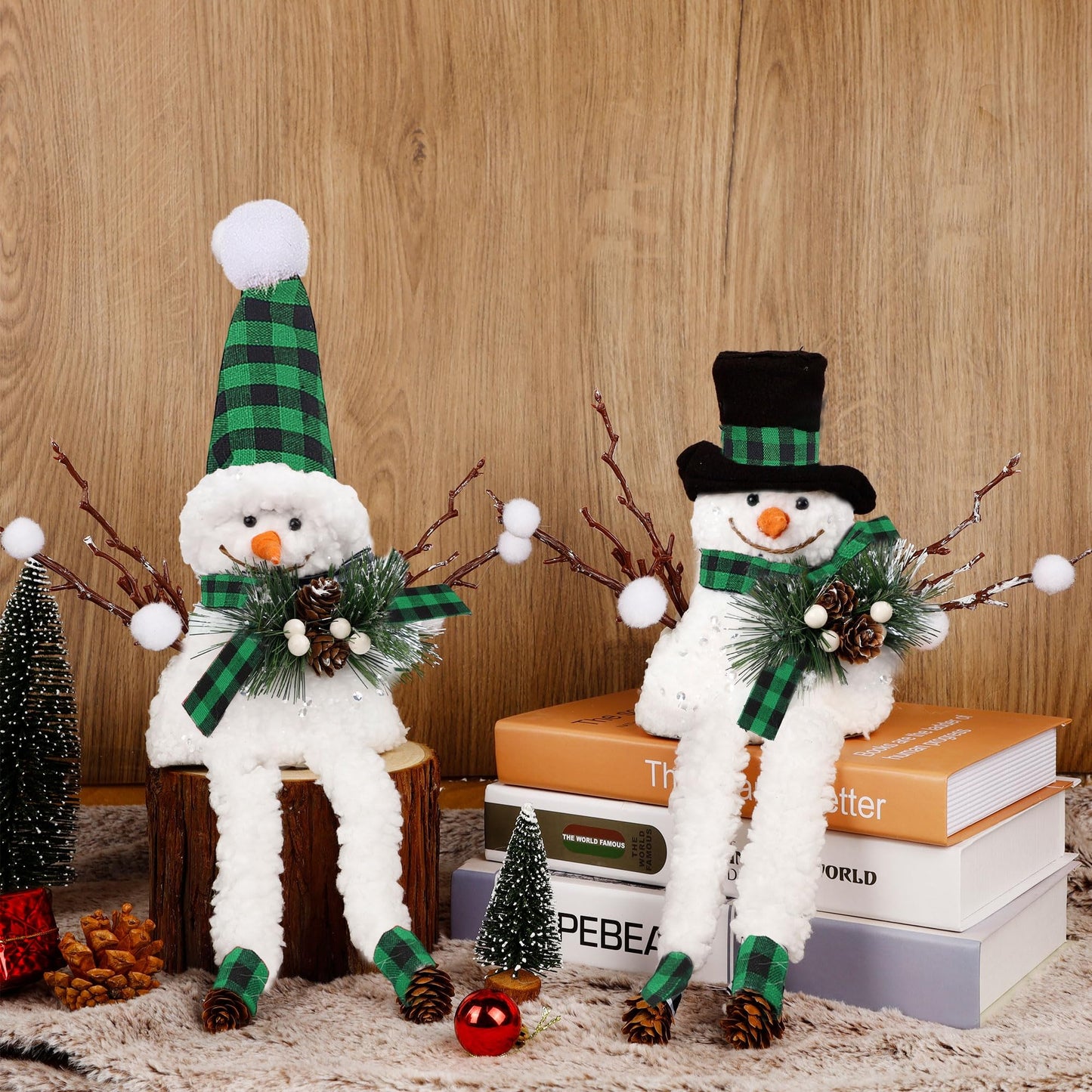 Lulu Home Christmas Snowman Decorations, Set of 2 Plush Shelf Sitters with Dangling Legs, Black & Green Checked Snowman Ornaments for Table Mantel Desk Fireplace Home Holiday Decor