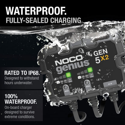 NOCO Genius GEN5X2: 2-Bank, 10A Onboard Battery Charger - 5A Per Bank, 12V Waterproof Marine Charger with Overcharge Protection & Temperature Compensation – for Lead-Acid & Lithium Batteries