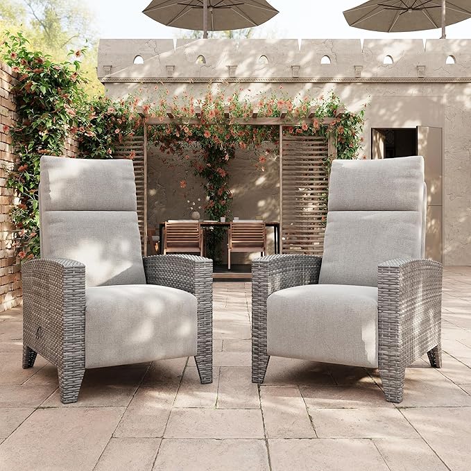 IDEALHOUSE Wicker Outdoor Recliner Reclining Patio Chairs with Adjustable Back & Footrest 150° Lay-Flat Reclining with Air Pump Rattan Flip-Up Side Table Outdoor Lounge Chairs for Pool Deck Balcony