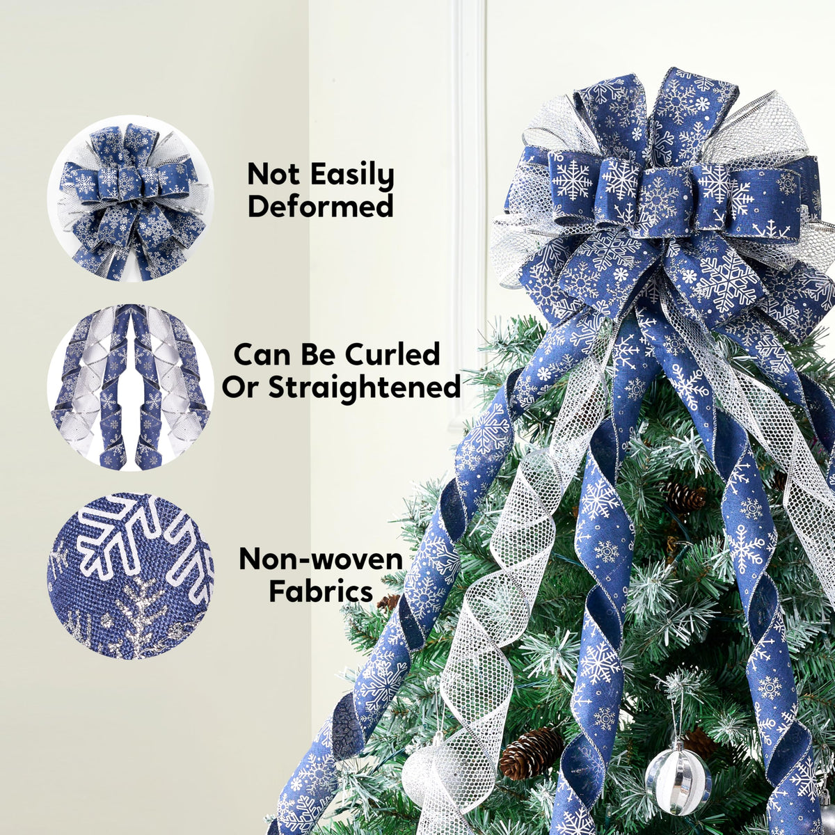 JOIEDOMI 45 Inch Christmas Tree Topper Wreath Bow, Blue and Silver Ribbon Ornaments with Snowflakes and Glitter, Large Gift Decor for Xmas Holiday Themed Decoration Home Parties Wedding