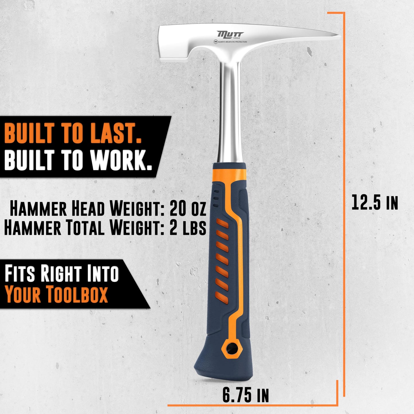 Mutt Tools Professional Brick Hammer - 20oz Heavy Duty Masonry Hammer for Bricklayer Tools, Stone Hammer for Mason Work