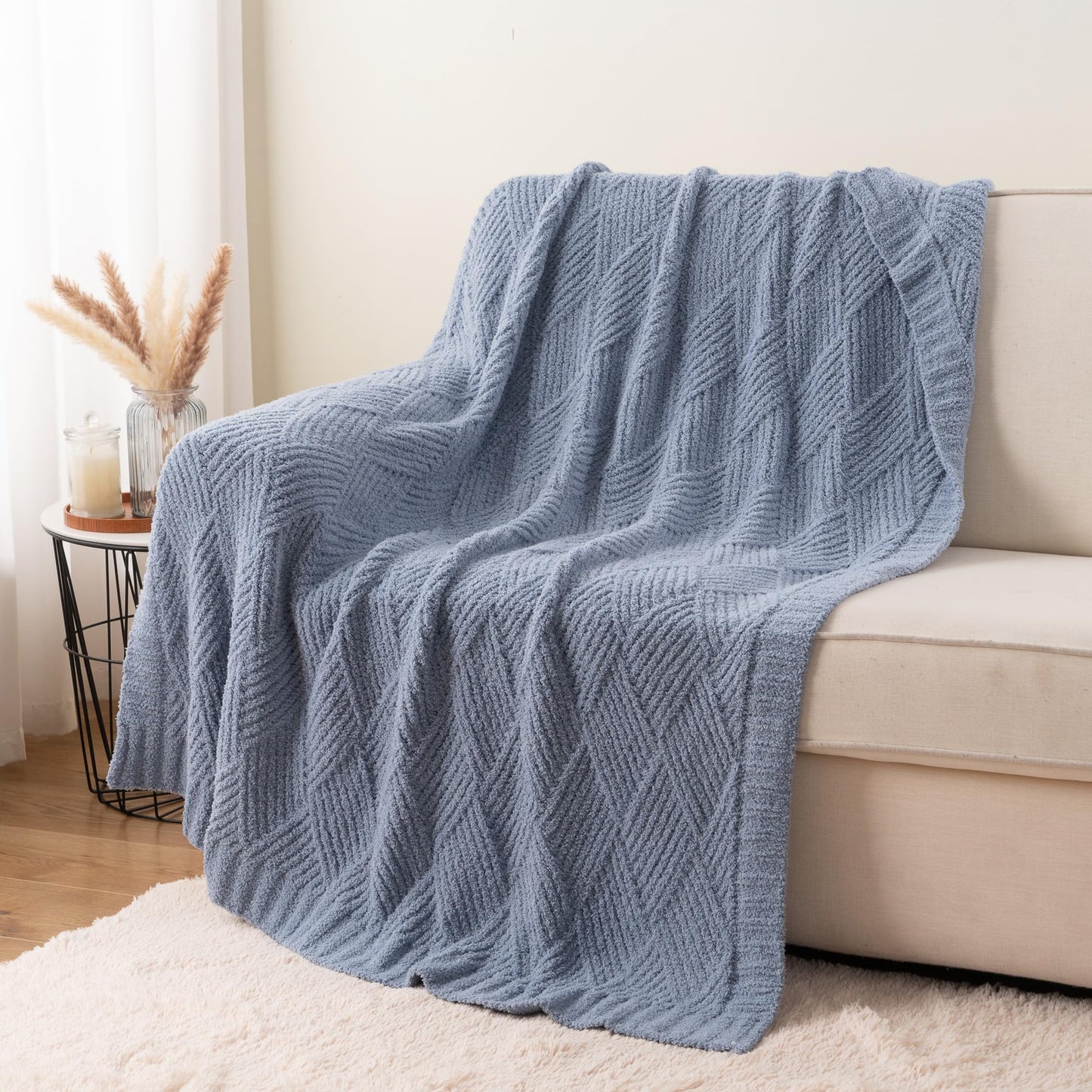 Battilo Dusty Blue Throw Blanket for Couch, Soft Chenille Diamond Knit, Lightweight Cozy Decorative Blanket for Sofa Bed, 50"x60"