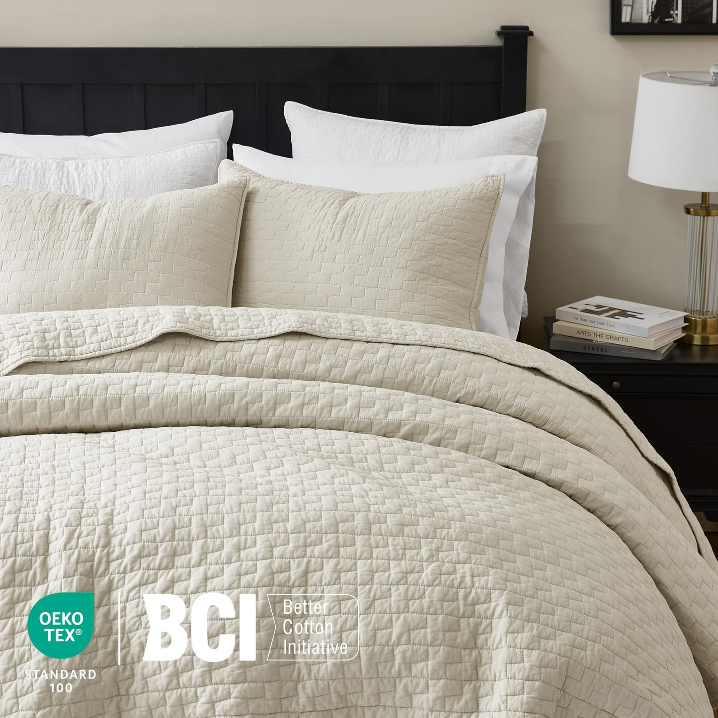 palassio Beige 100% Cotton Quilt King Size Bedding Sets with 2 Pillow Shams, Textured Lightweight Soft Bedspread Shabby Chic Coverlet, Neutral Quilted Comforter Bed Cover for All Season, 3 Pieces