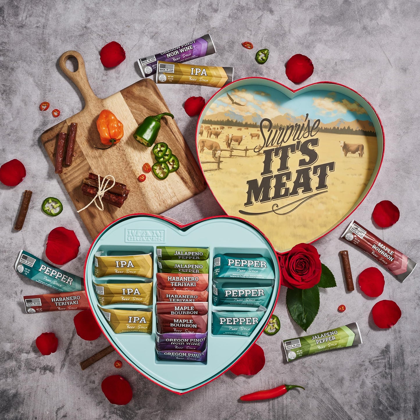 Valentine’s Day Gift for Men – Meat Heart with 14 Beef & Pork Sticks – Heart-Shaped Meat Snack Box for Him, Boyfriend, Husband
