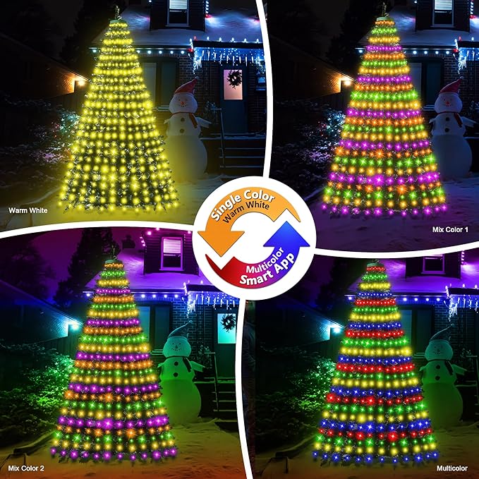 30+ Modes Ring Christmas Tree Lights Indoor Outdoor - 7.5Ft x 12 Lines 336 LED Easy App Control Color Changing Timer Remote Waterproof for 6 7 Ft Xmas Trees (Warm White to Multicolor)