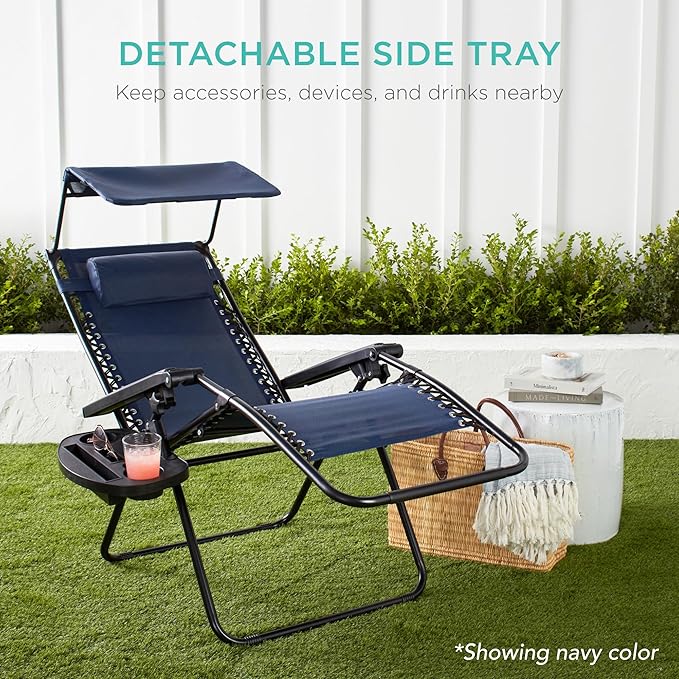 Best Choice Products Folding Zero Gravity Outdoor Recliner Patio Lounge Chair w/Adjustable Canopy Shade, Headrest, Side Accessory Tray, Textilene Mesh - Marine Blue