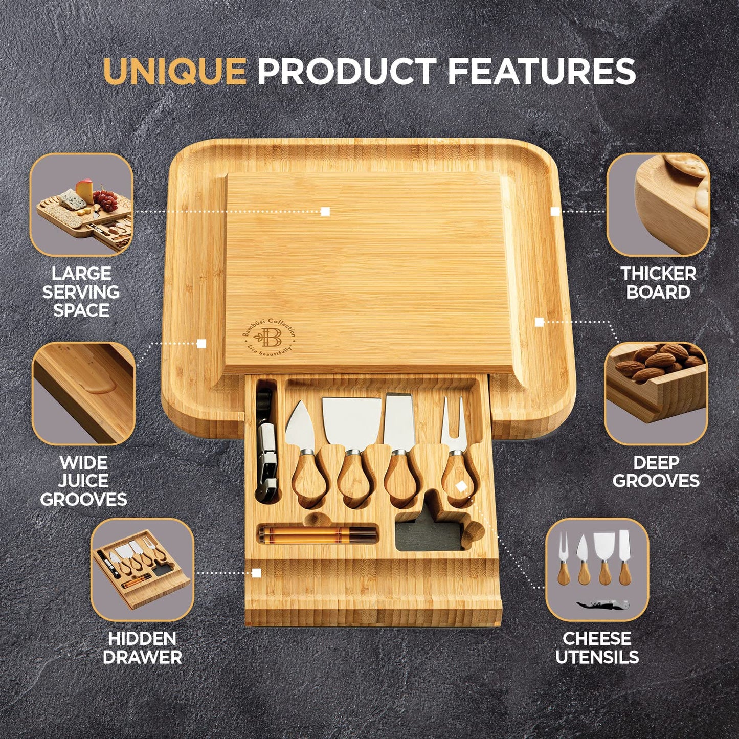 Charcuterie Boards Gift Set by Bambüsi - Large Bamboo Cheese Board for Serving, Entertaining, Cheese Platter for Kitchen, House Warming Gifts New Home, Wedding, Bridal Shower, Birthday Gifts for Women