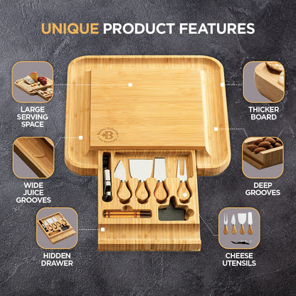 Charcuterie Boards Gift Set by Bambüsi - Large Bamboo Cheese Board for Serving, Entertaining, Cheese Platter for Kitchen, House Warming Gifts New Home, Wedding, Bridal Shower, Birthday Gifts for Women