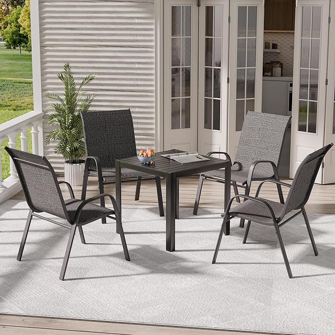Patio Chairs Set of 4, Stackable Outdoor Dining Chairs for All Weather, Metal Modern Outside Furniture Chair for Pool Side, Garden, Backyard Deck, Dark Grey