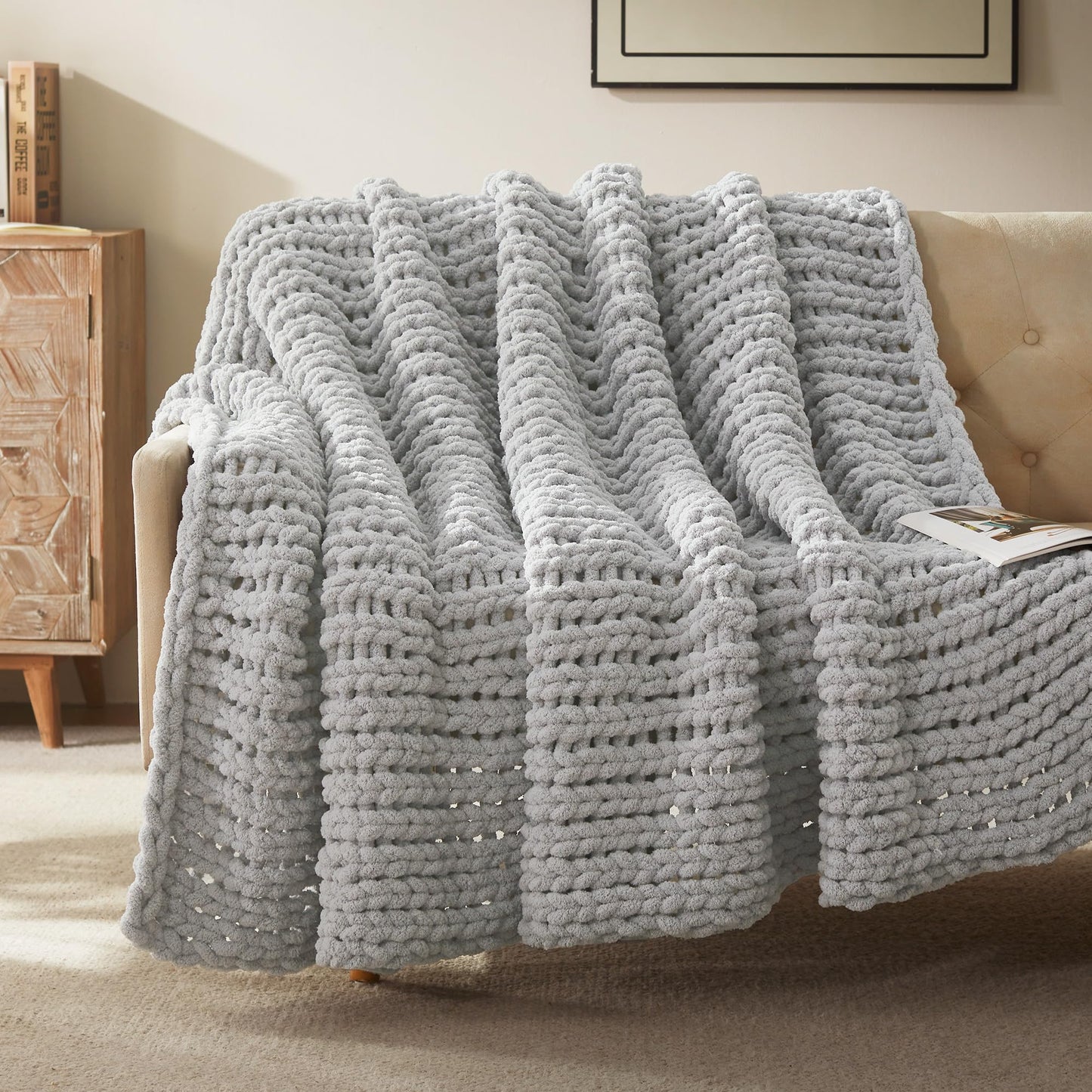SLEEP ZONE Chunky Knit Throw Blanket for Couch, Throw Blankets for Bed - Hand Made Cozy Soft Large Rope Knot Heavy Blankets Home Decor (Grey, 50x60in)