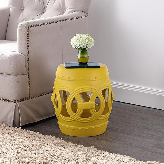 JONATHAN Y TBL1022E Lucky Coins 16" Chinese Ceramic Drum Indoor/Outdoor Garden Stool Bohemian, Coastal, Cottage, French Country, Traditional, for Living Room, Garden Room, Patio, Matte Yellow