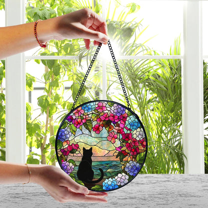 FUGWN Black Cat Hydrangea Flower Stained Glass Window Hanging, Black Cat Sun Catchers Indoor Window Round Glass Wall Art Decor, Cats Floral Suncatcher Wall Hanging Decorations, Lawn Care