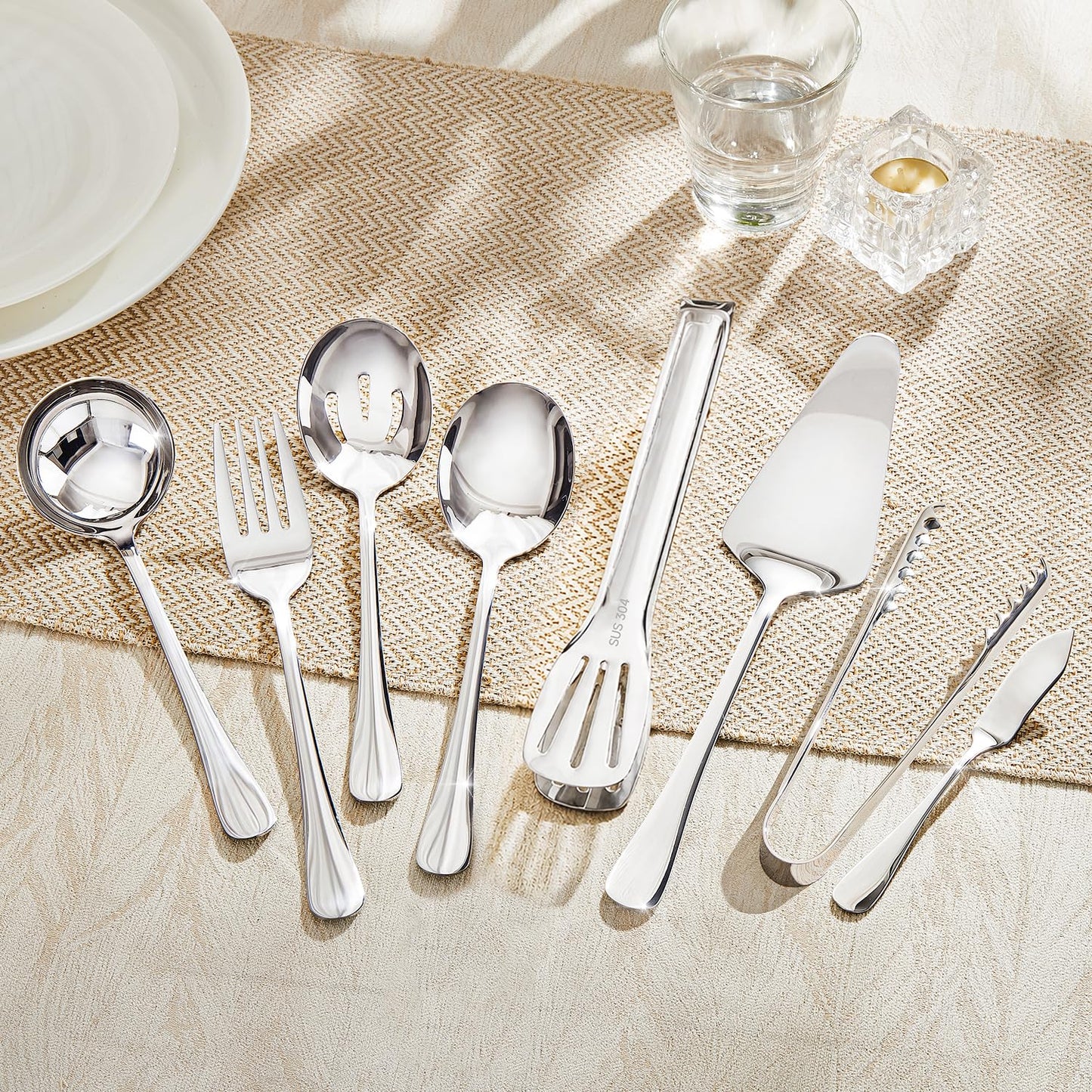 HIKAA 8PCS Serving Utensils Set, 18/10 Modern Serving Utensils Set for Kitchen, Stainless Steel Serving Utensils, Slotted Spoons, Forks, Tongs, Cake Server, Butter Knife for Buffet, Catering, Wedding