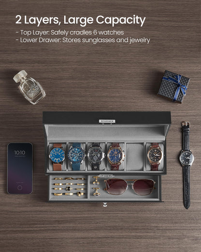 SONGMICS Watch Box, 6-Slot Watch Case Organizer with Large Glass Lid, 2 Layers, Removable Pillows, Metal Lock, Gift for Loved Ones, Black Synthetic Leather, Gray Lining UJWB060G01