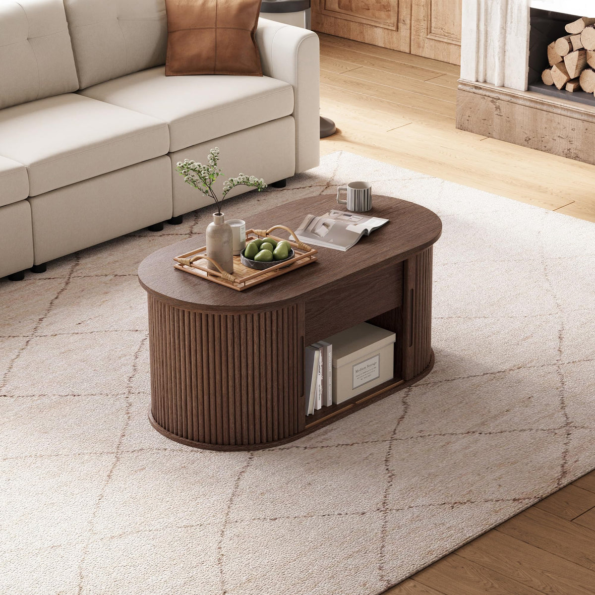 LINSY Lift Top Coffee Table, Oval Fluted Coffee Table with Storage, Mid Century Modern Wooden Coffee Tables with Sliding Tambour Door, 39" Center Table for Living Room, Office, Small Space, Walnut
