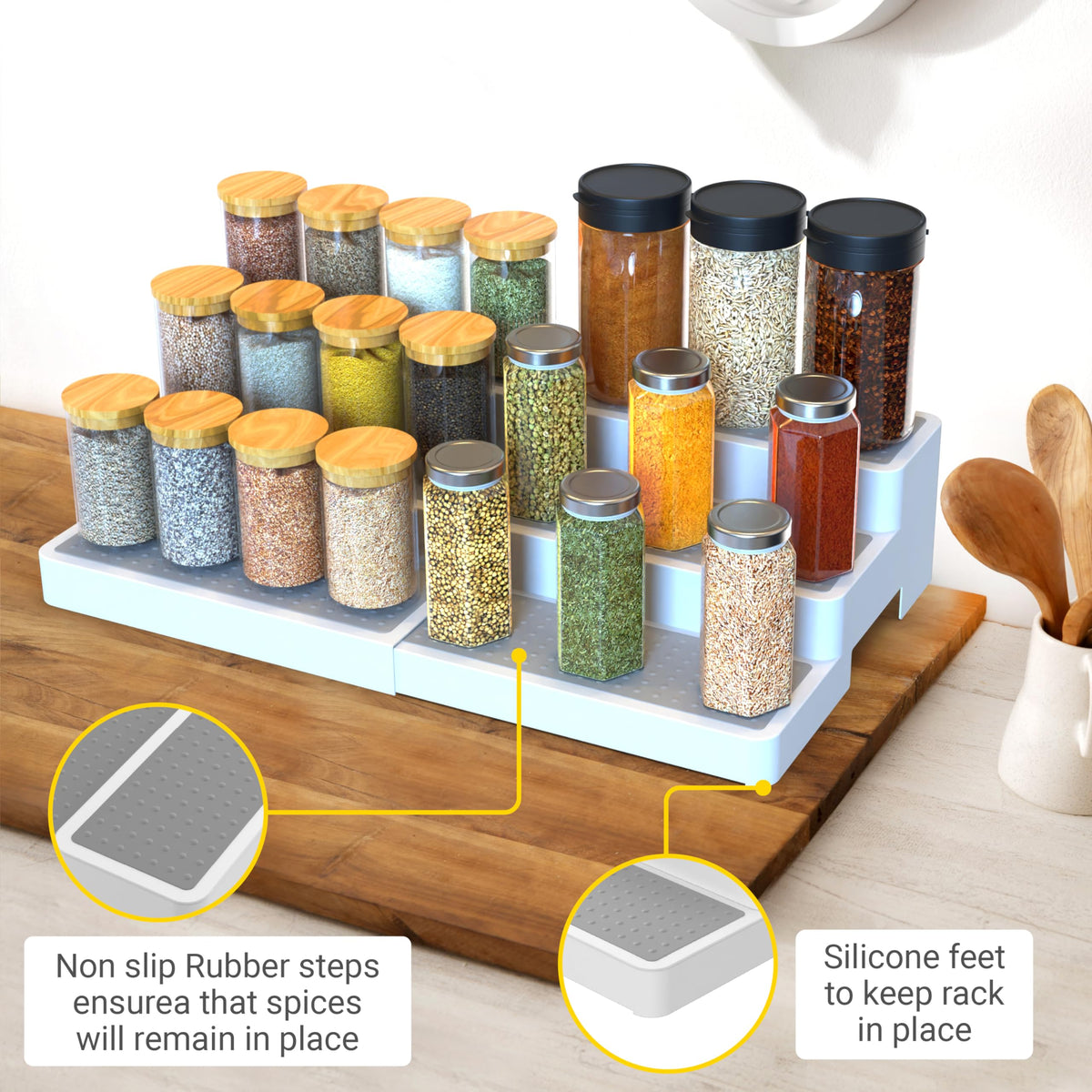 YAN & HIN Expandable Spice Rack Organizer for Cabinet (2 Pack), 3-Tier Tiered Spice Shelf Organizer with Non-Skid Surface, Spice Riser, Adjustable Pantry Organizer for Spices, Cans & Medicine Cabinet