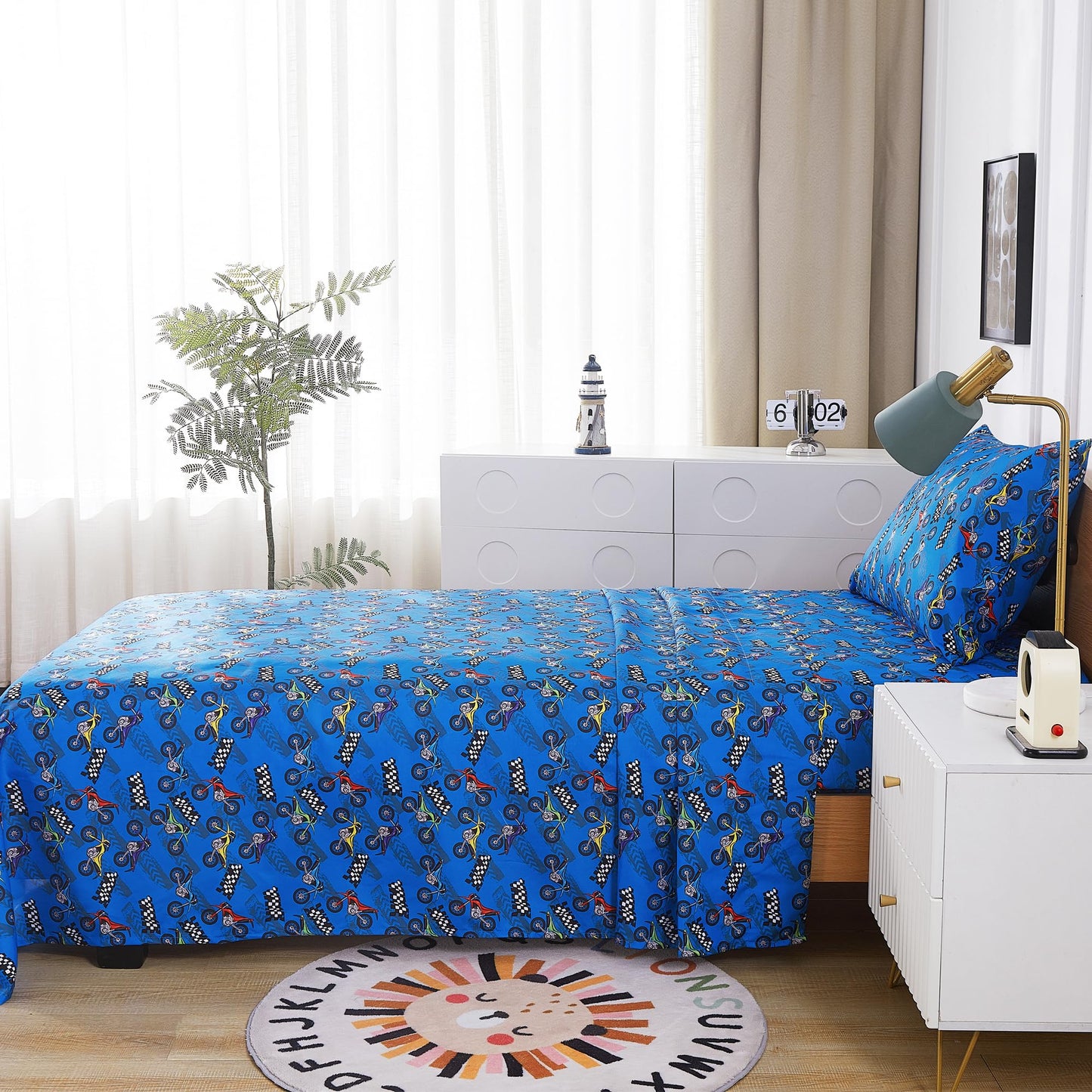lasoftan Kids Sheet Set Twin Size, Twin Sheet Set with Motorcycle Pattern，Breathable Silky Soft Microfiber Kids Fitted Sheet