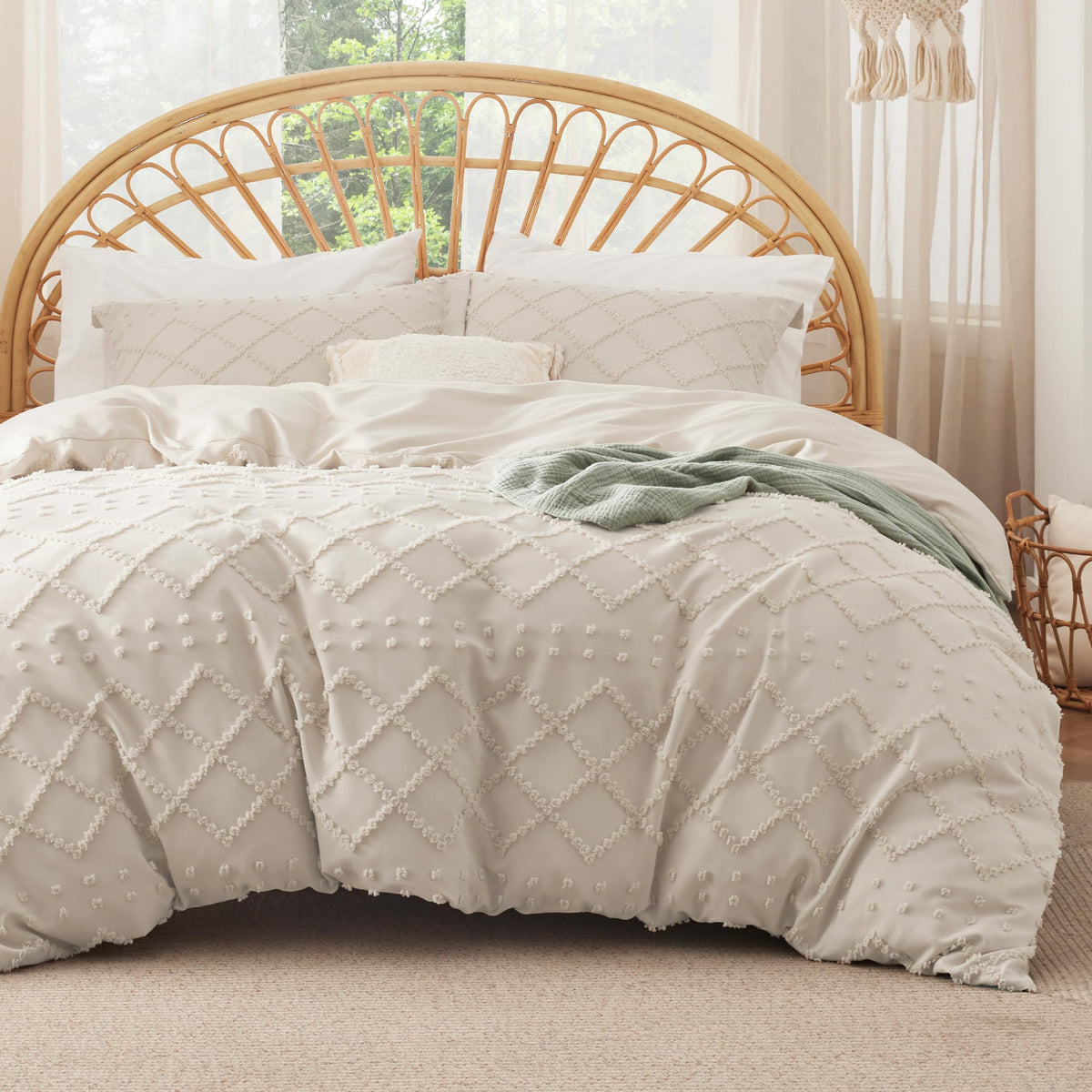 Bedsure Boho Duvet Cover Queen Size with Fitted Sheet - Boho Bedding Comforter Set, 4 Pieces, Includes 1 Duvet Cover 90"x90" with Zipper Closure, 2 Pillow Shams, 1 Fitted Sheet, Beige