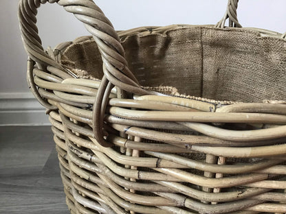 Round Kindling/Storage Basket, Hessian Lined, Excellent Quality, Very Strong Kuba Rattan (Small)