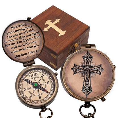 Baptism Gift Personalized Keepsake Compass Engraved Cross and Be Strong and Courageous, Confirmation Gift Ideas, Gift of Faith. Missionary (Antique with Wooden Box)