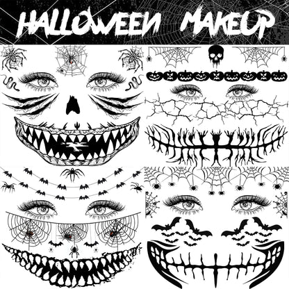 EGMBGM 4 Sheets Scary Halloween Face Temporary Tattoos For Women Men, 3D Witch Zombie Makeup Kit For Kids Girls Boys Adults, Dia de los muertos Day of the Dead Makeup Face Tattoos Spider Web Bat Scar
