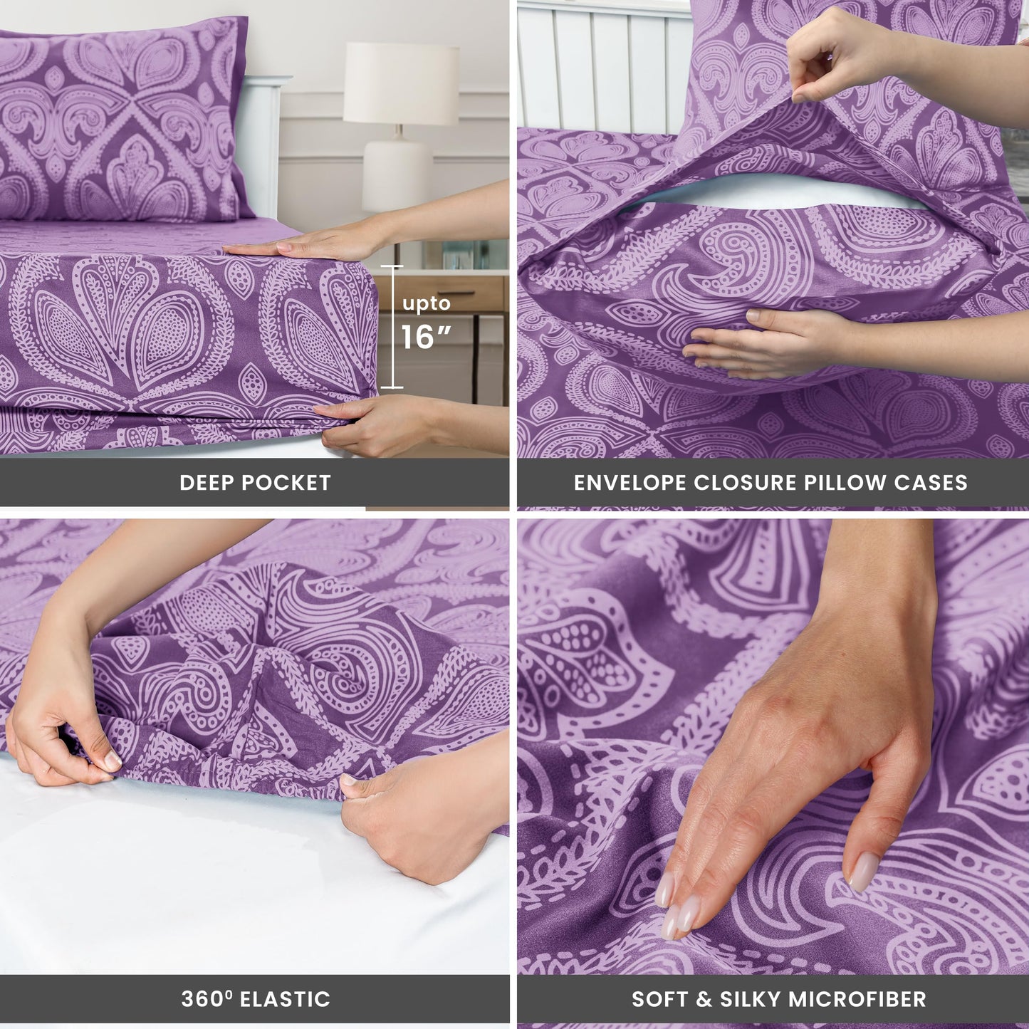 Ultra Soft Wrinkle-Free Microfiber Paisley Queen Sheet Set, Cute Floral Pattern Boho Print – 16" Deep Pocket Fitted Sheet, Flat Sheet & 4 Pillowcases, Breathable, OEKO-TEX - Purple