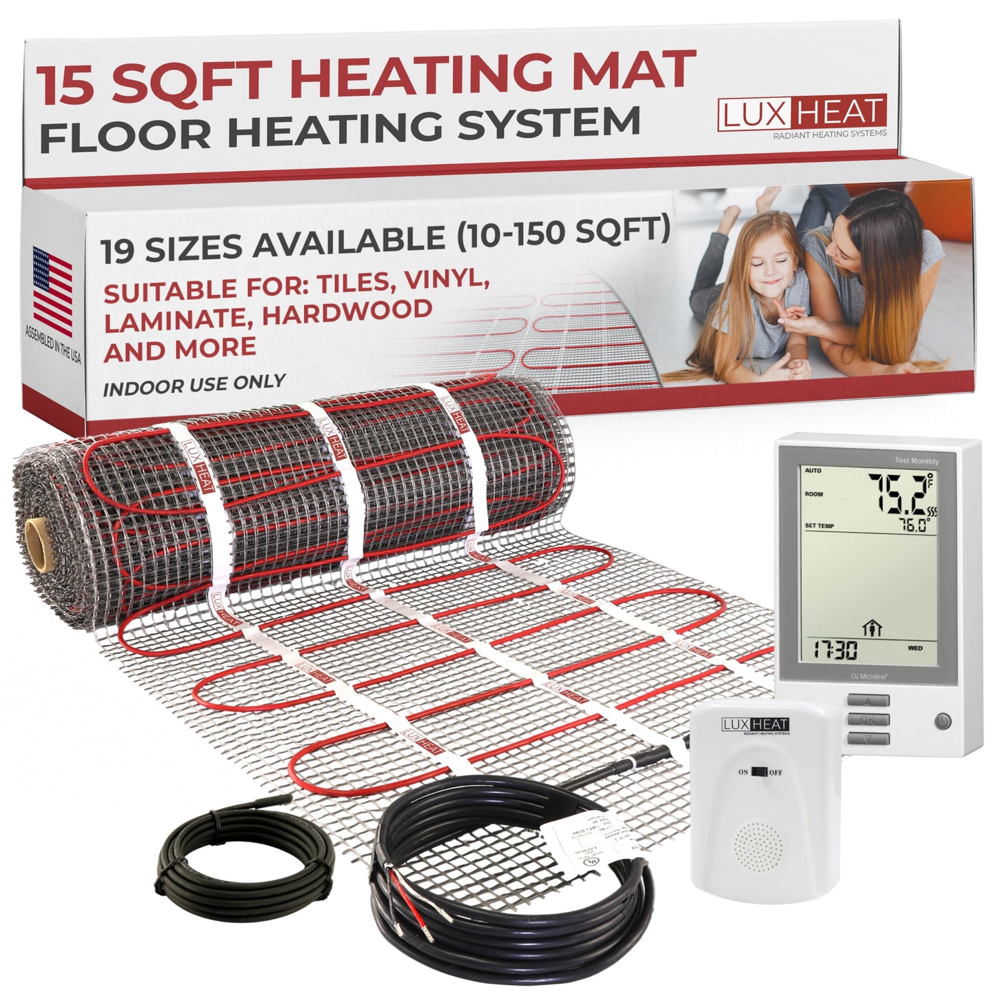 LuxHeat 15sqft Floor Heating Mat Kit – 120v Electric Radiant Heated Flooring System – Floor Heating System Under Tile & Laminate - Includes UDG Programmable Thermostat w/GFCI, Alarm & Sensor