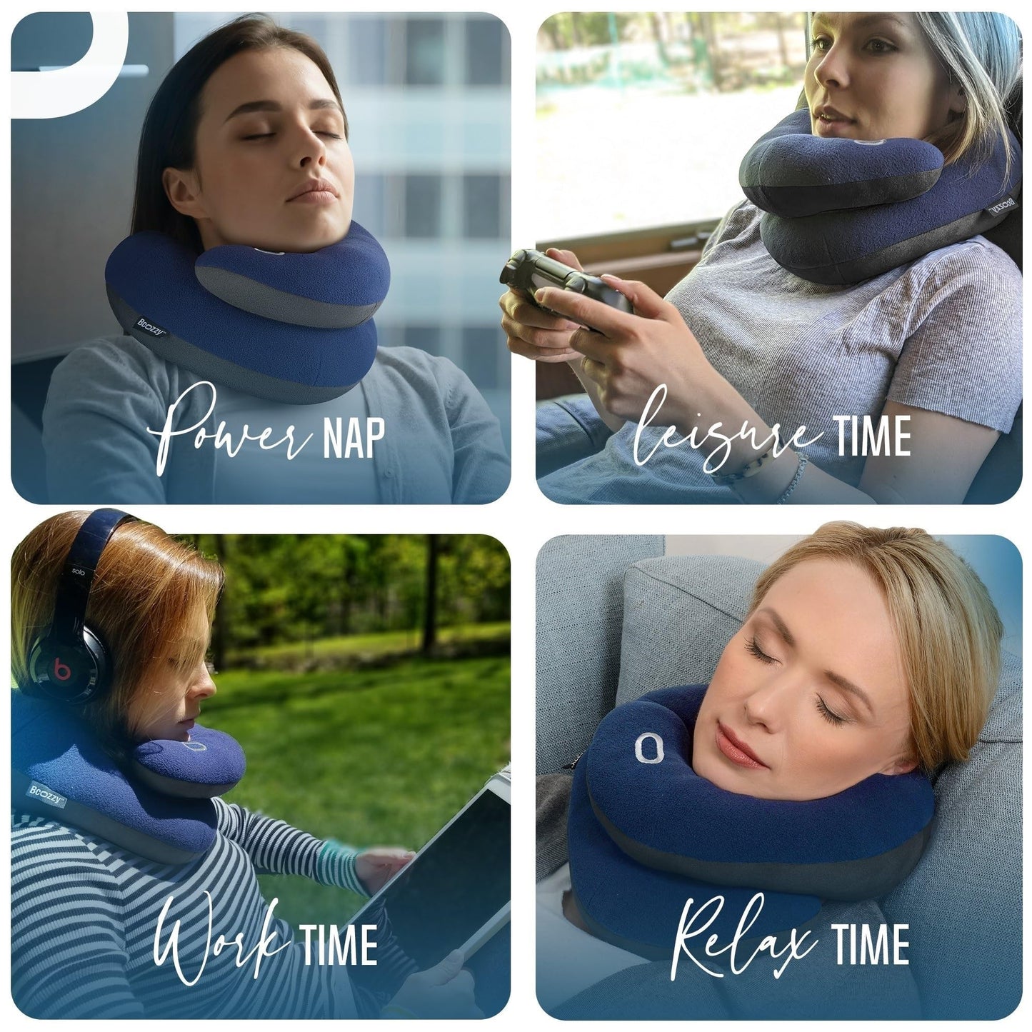 BCOZZY Travel Neck Pillow for Airplane – Patented Double Support for Head, Neck, and Chin. Best for Long Flights, Plane Sleeping, and Car Rides. Adjustable Size. Fully Washable. Carry Bag. Large, Navy