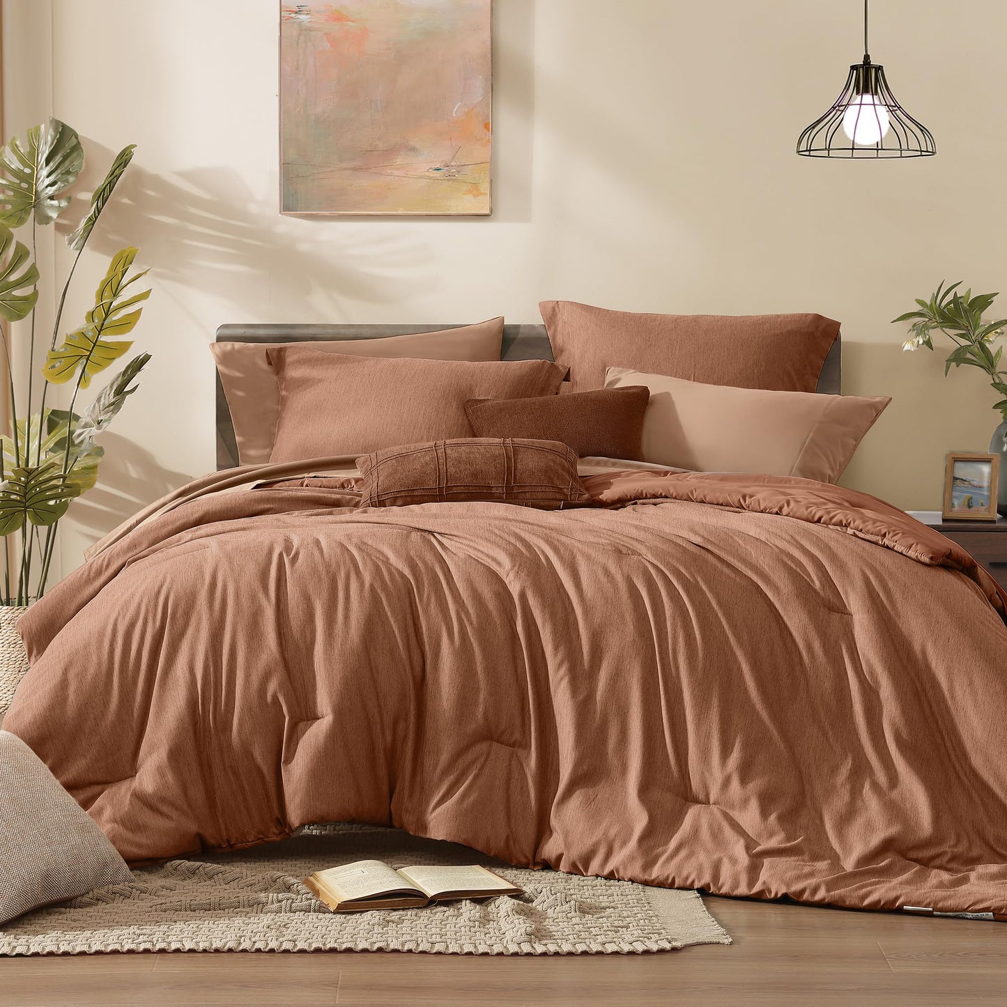 Monbix Queen Comforter Set - 7 Pieces Cationic Dyeing Autumn Leaf Bed in a Bag Queen Bedding Sets with Comforter, Sheets, Pillowcases & Shams, Reversible Bedding Comforters Sets