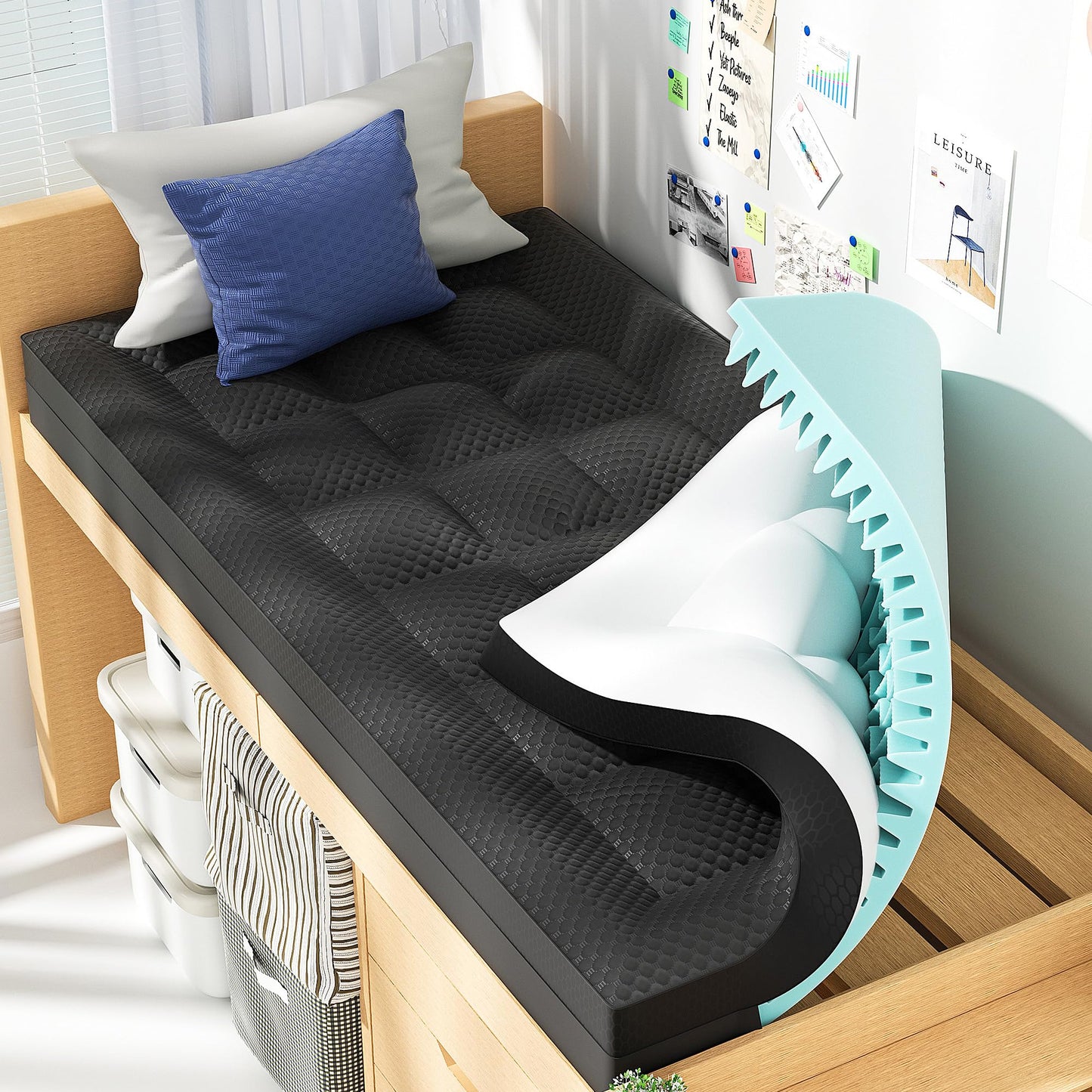 BEDELITE Dorm Room Essentials, Dual Layer 4 Inch Twin XL Memory Foam Mattress Topper for College Students Back to School, 2 Inch Pillow Top Mattress Pad and 2 Inch Cooling Gel Foam (Black)